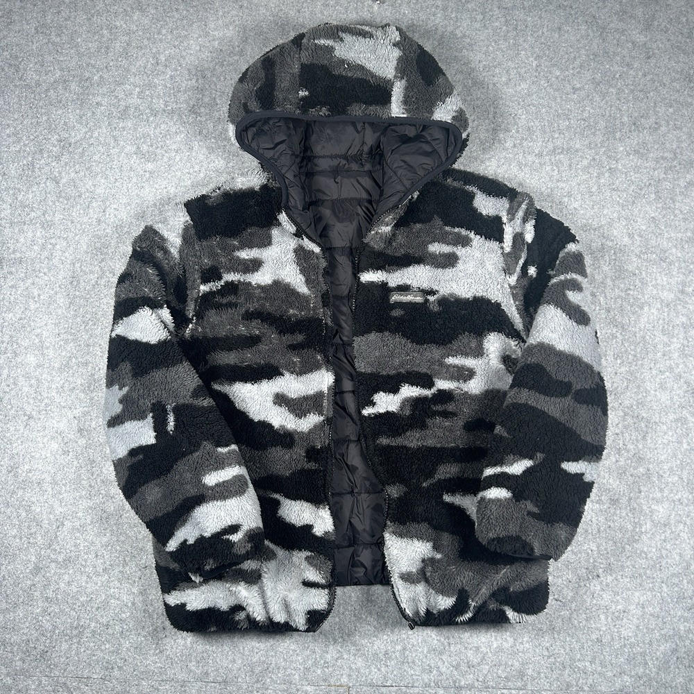 Eddie Bauer Puffer Jacket Boys Size XL 14-16 Black Reversible‎ Grey Camo